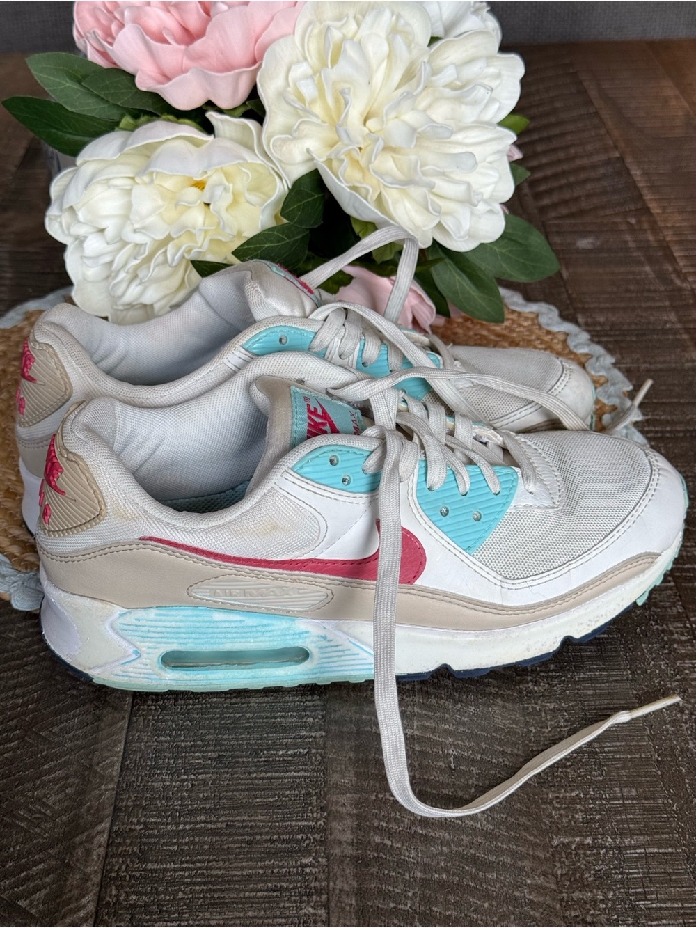 Nike White Sneakers with Pink Swoosh & Aqua Accents